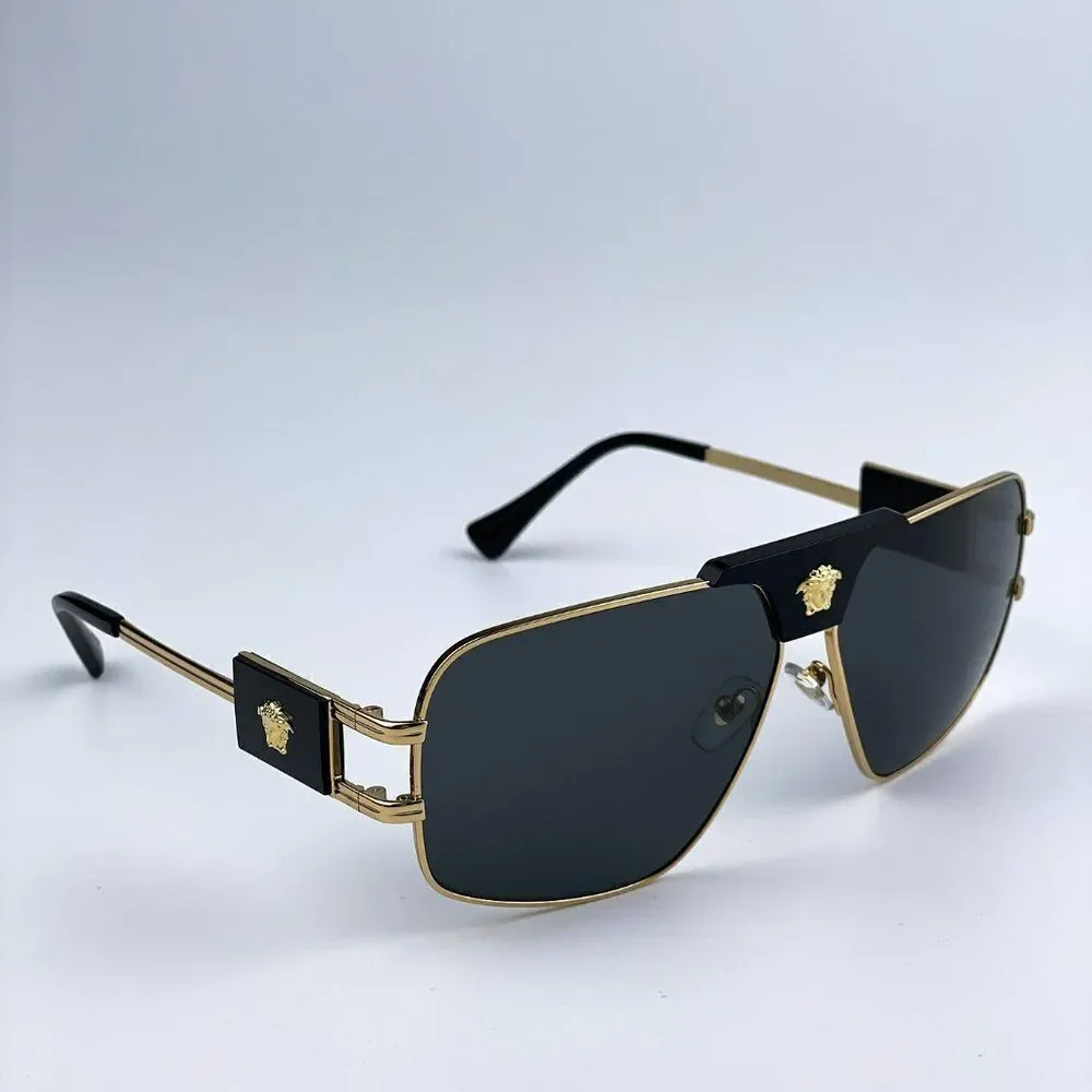 NEW Versace VE2251 100287 Gold Dark Grey Metal Pilot Men Sunglasses